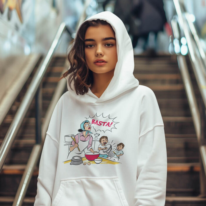Woman wearing a unisex white Basta hoodie by Castellesi