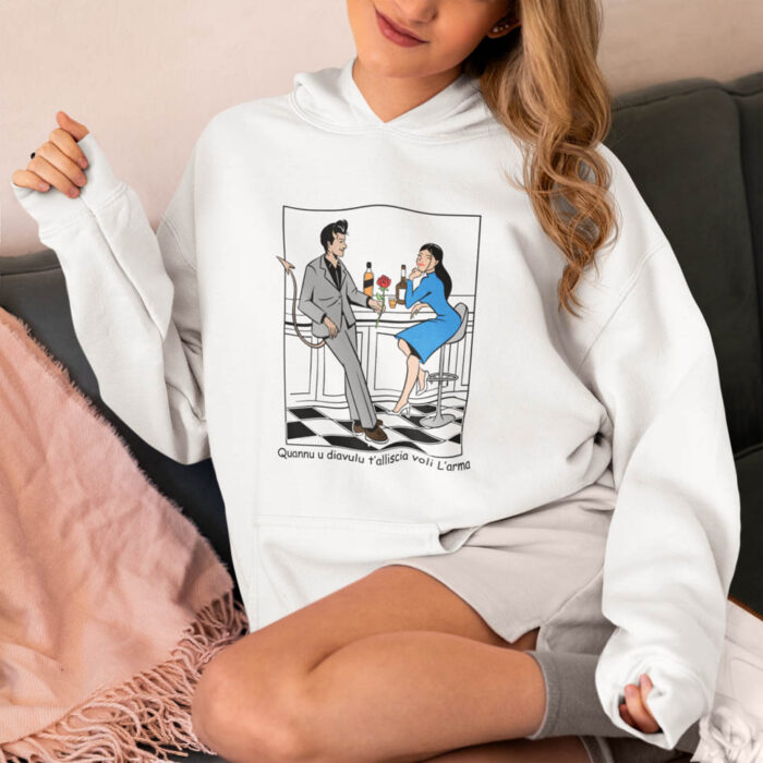 Woman is wearing Castellesi White Diavalo hoodie. Featured Image.