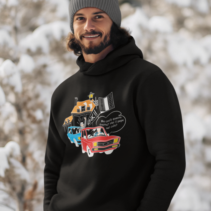Man wearing a unisex black Pepe hoodie by Castellesi
