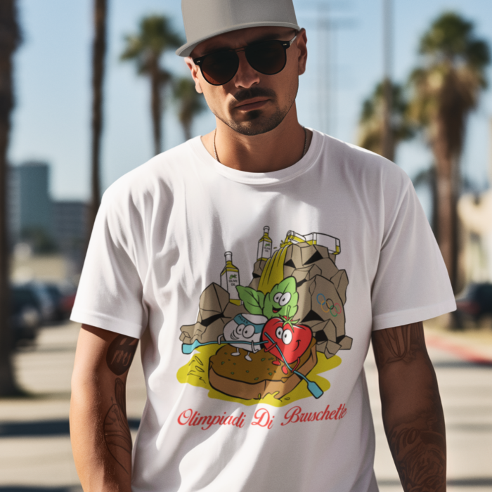 Man wearing a unisex white Bruscette T-Shirt by Castellesi